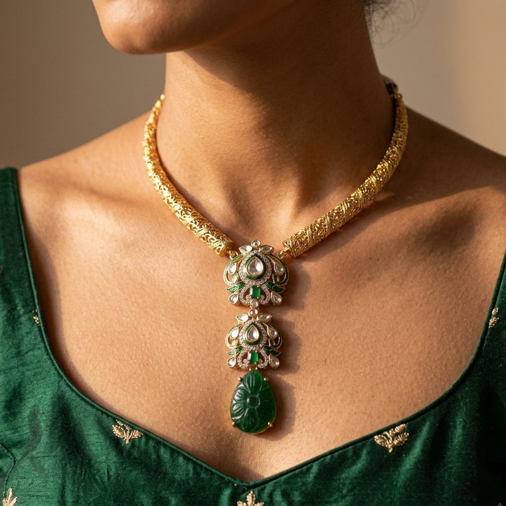 Green and Clear Floral Carved Necklace Set - Model