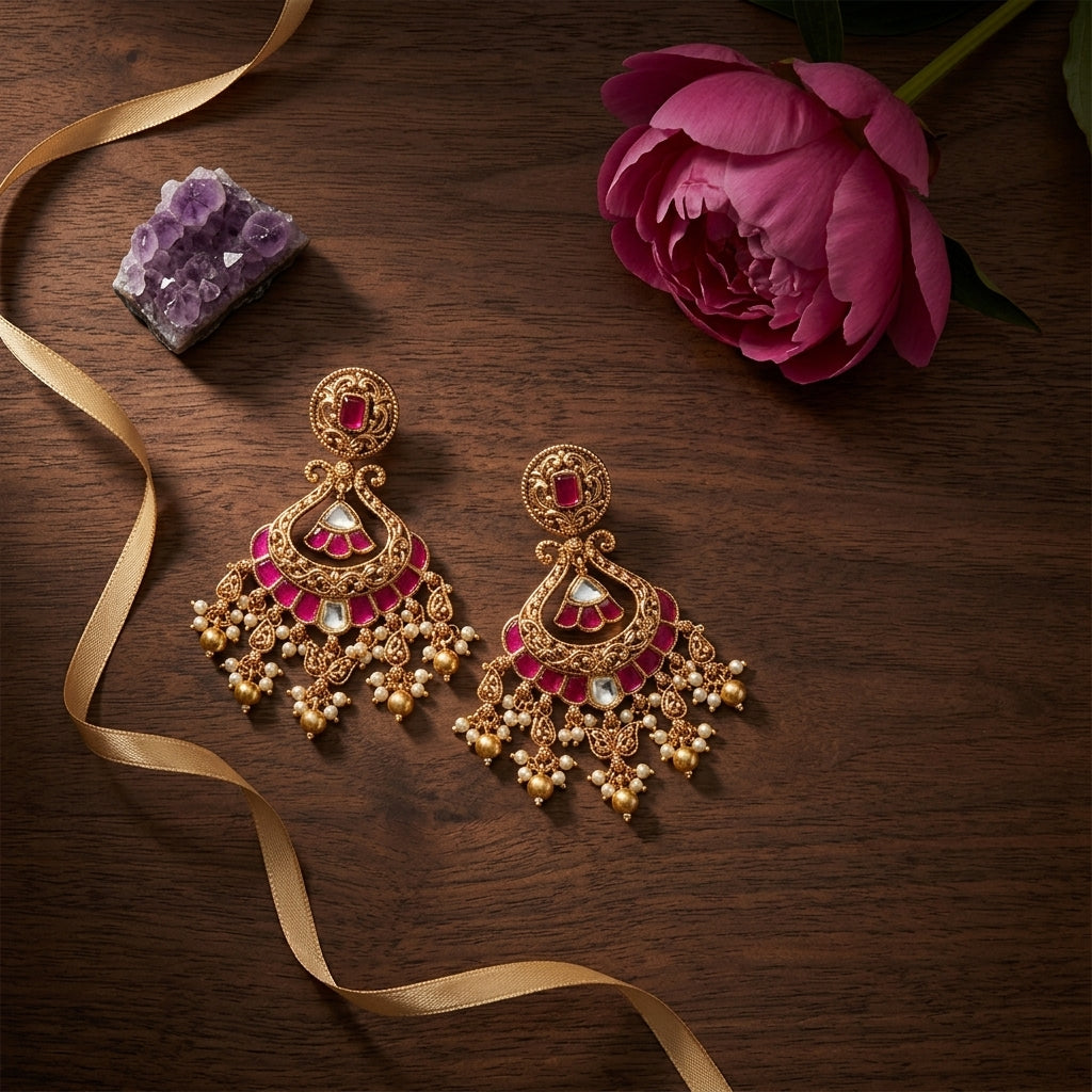 Ruby Ornate Drop Earrings - Tabletop