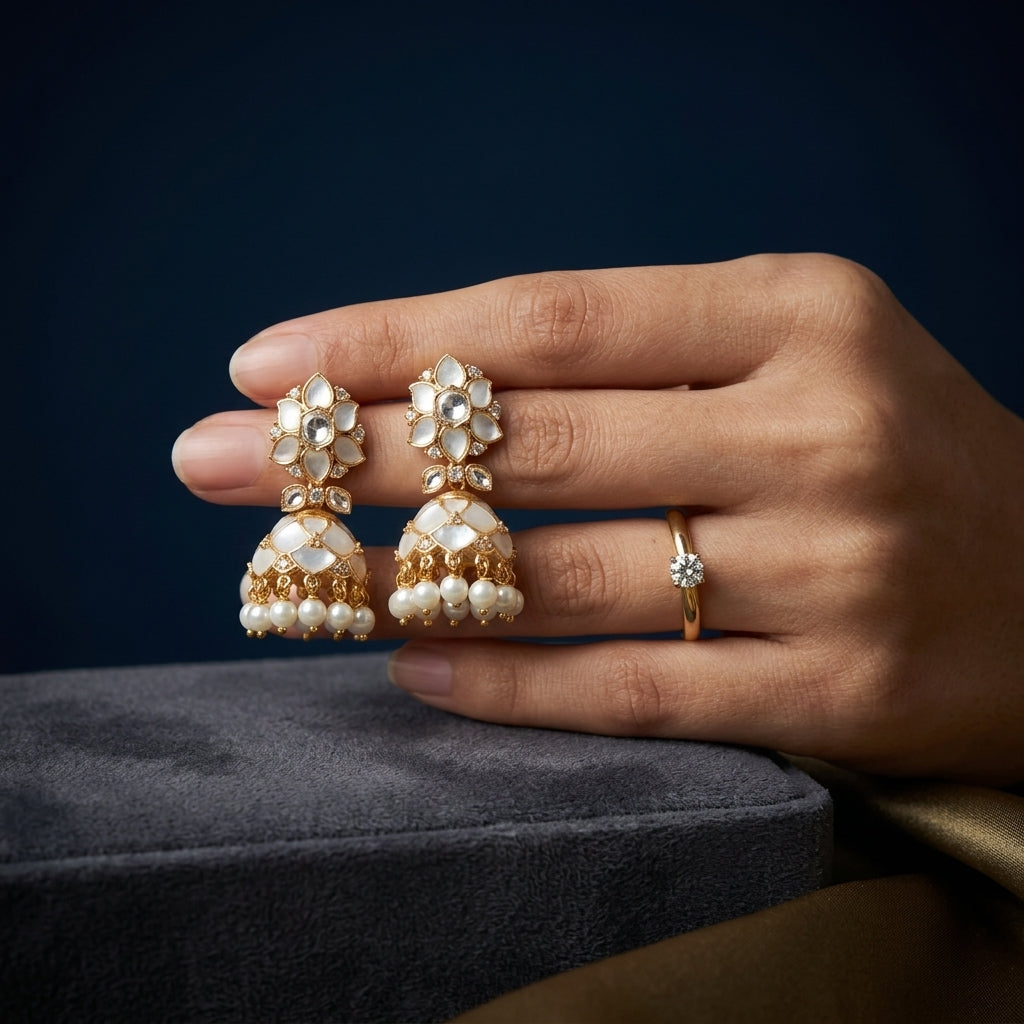 White Floral Jhumka Earrings - Mannequin
