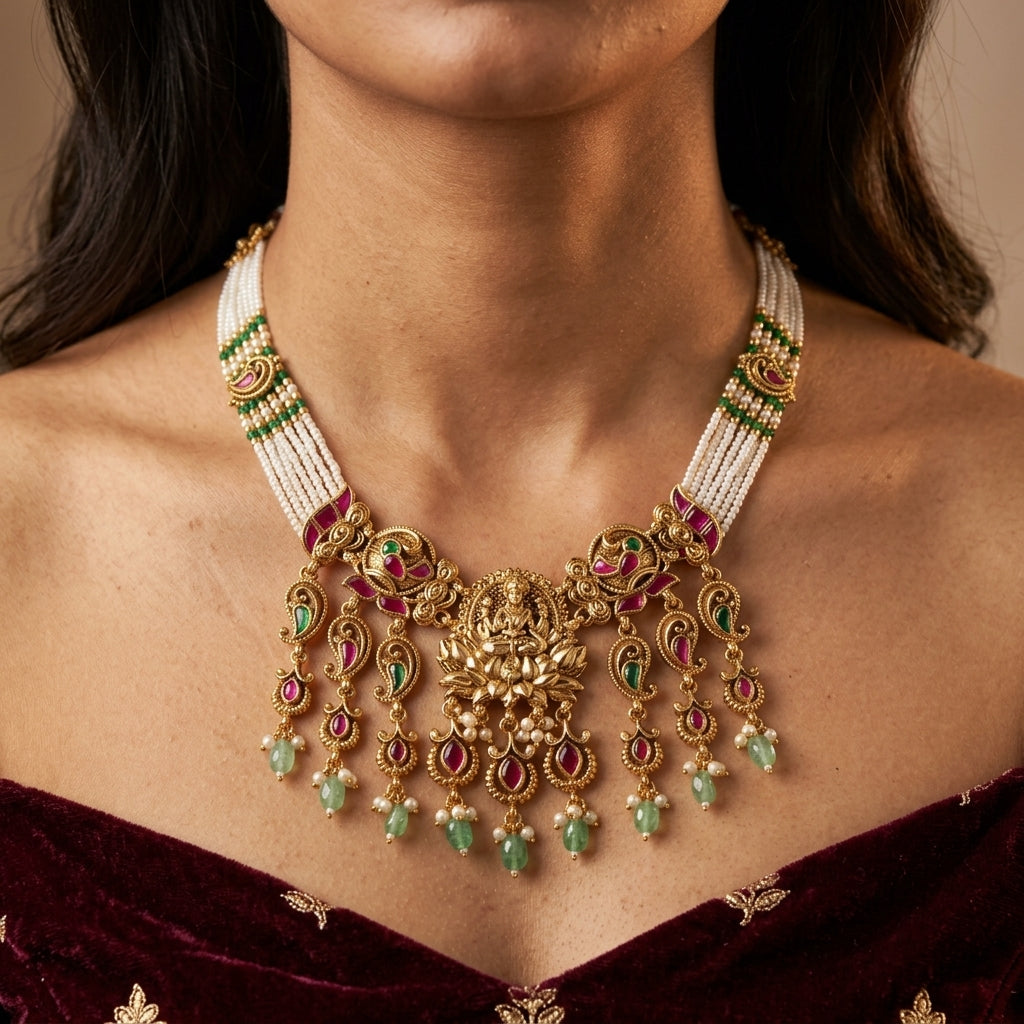 Ruby Green Lakshmi Temple Necklace Set - Model