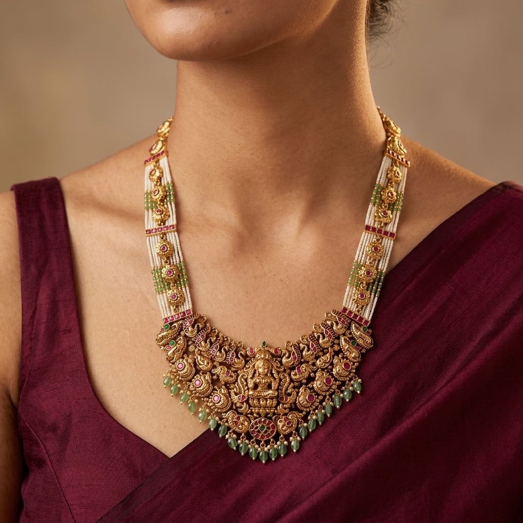 Multi Temple Peacock Necklace Set - Model