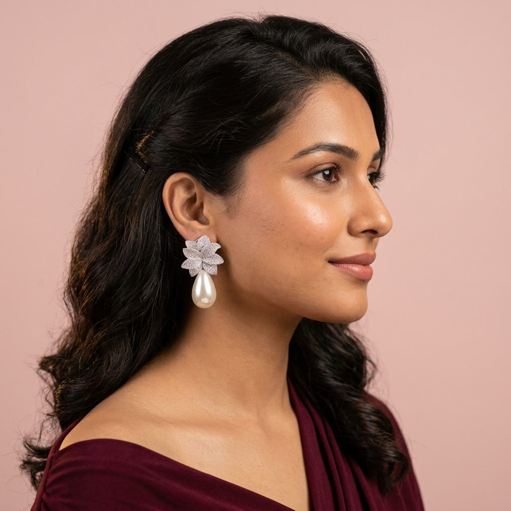 Clear and Off-White Floral Teardrop Earrings - Model