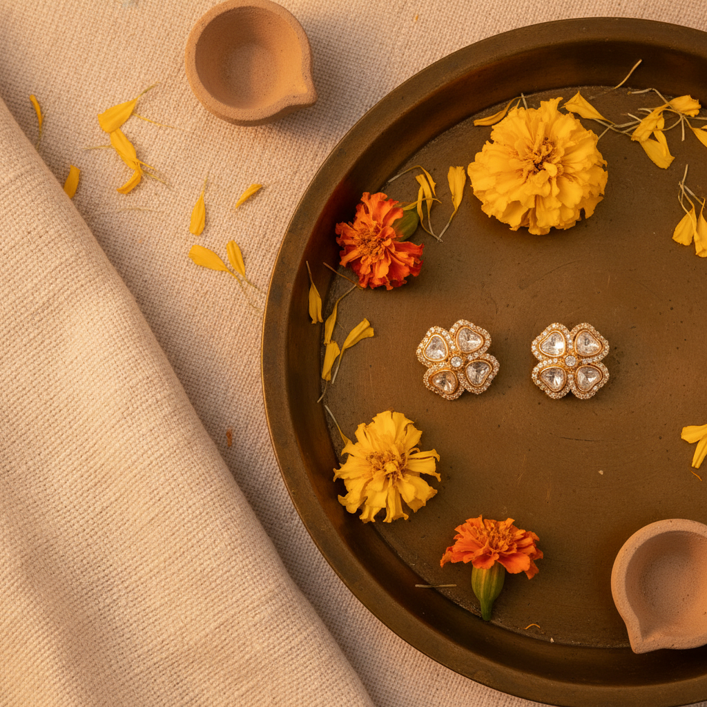 White Floral Polki Earrings - Tabletop