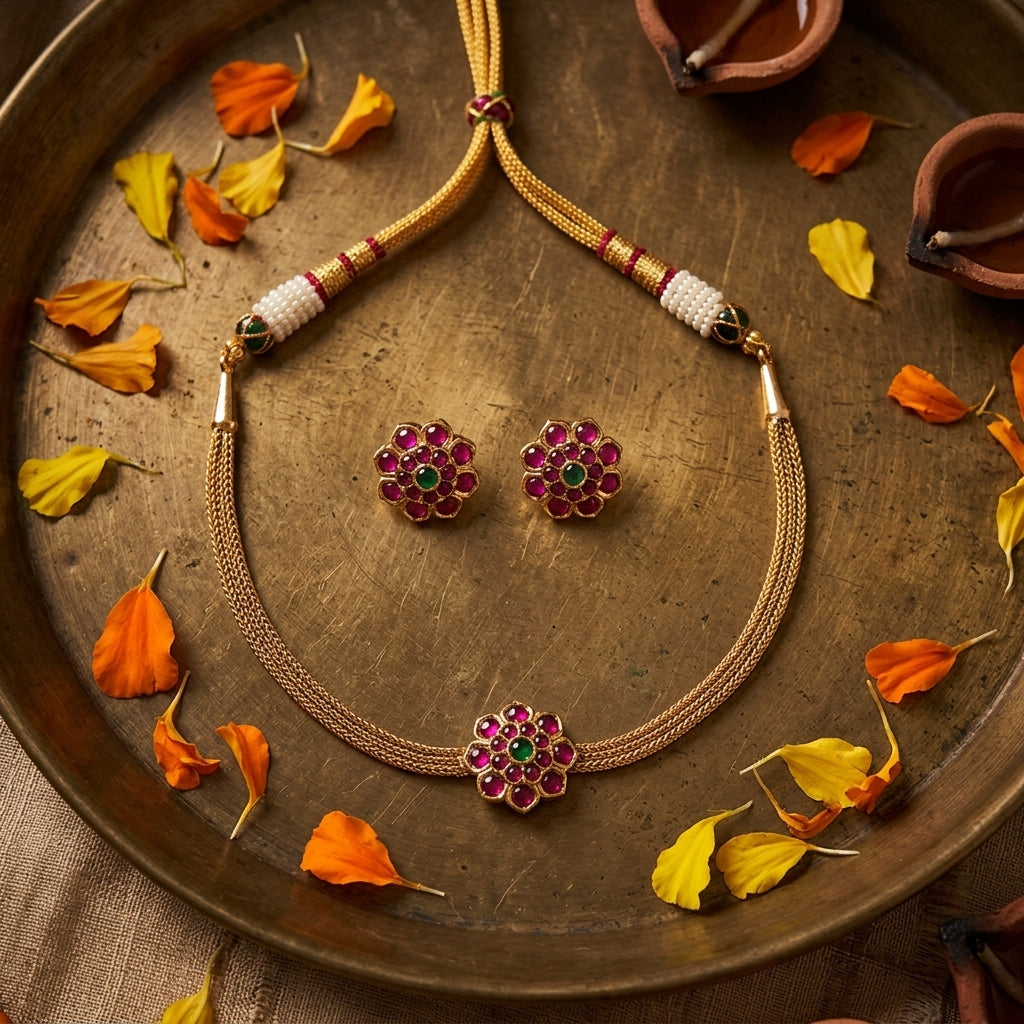 Ruby and Green Floral Cluster Necklace Set - Tabletop