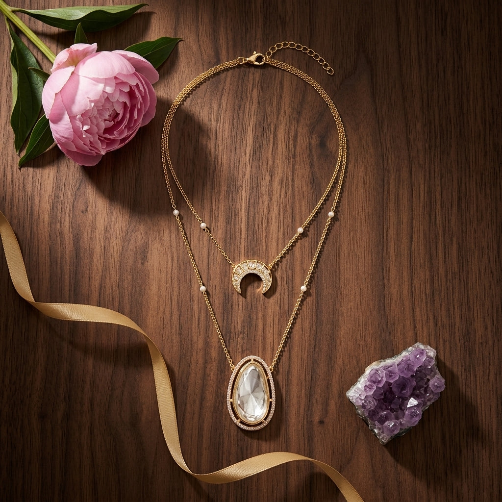 White Bandhai Polki Necklace Set - Tabletop
