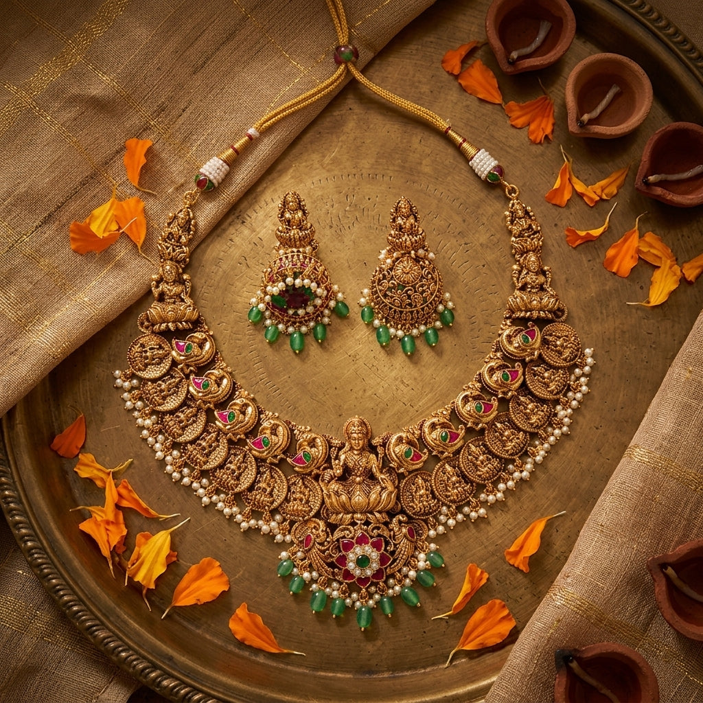 Ruby Green Lakshmi Temple Coin Necklace Set - Tabletop