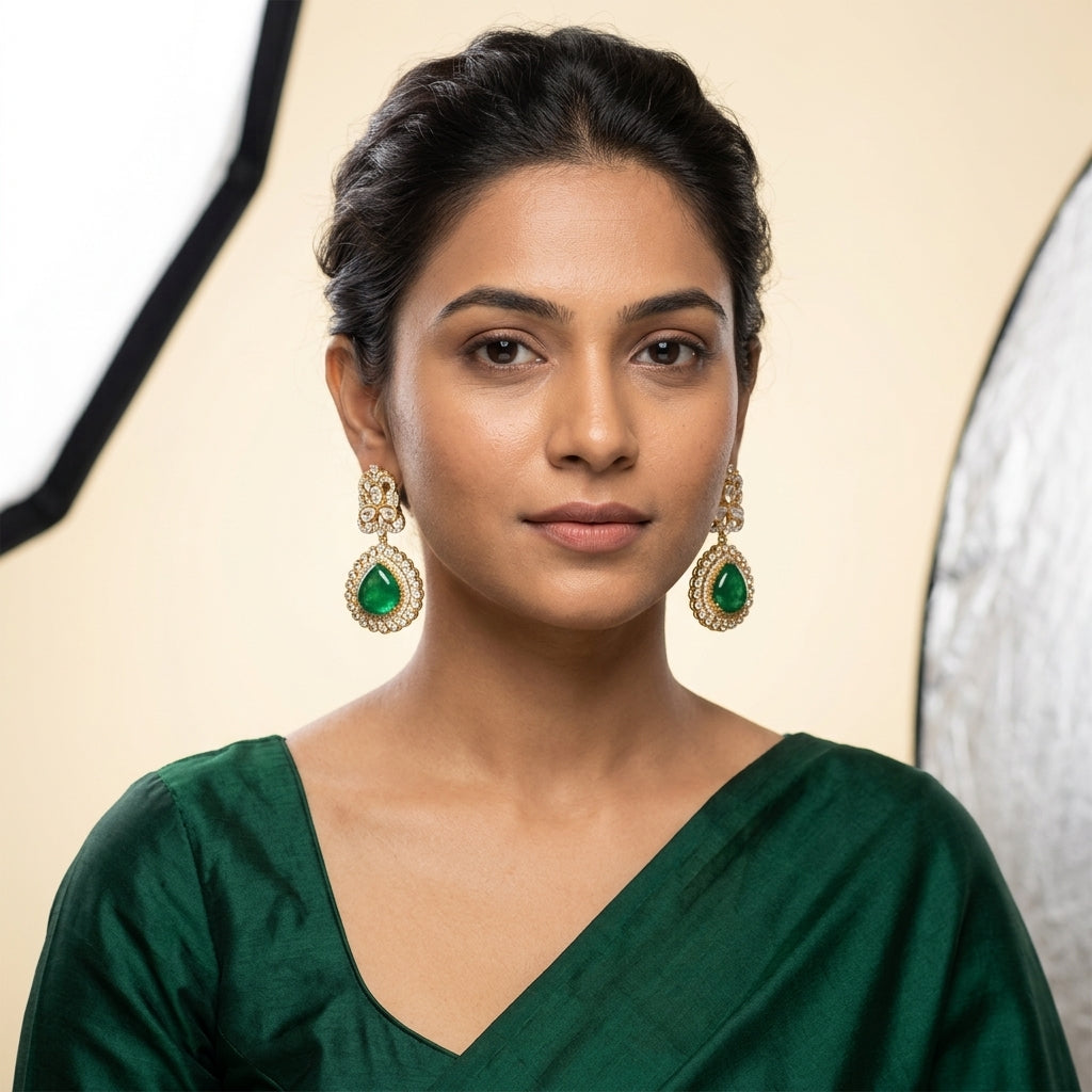 Green Floral Drop Earrings - Model