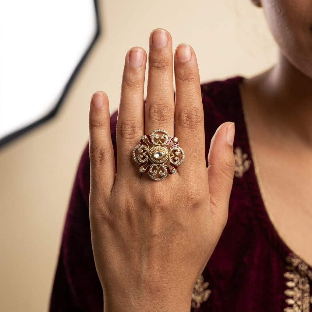 Clear and Ruby Ornate Floral Ring - Model