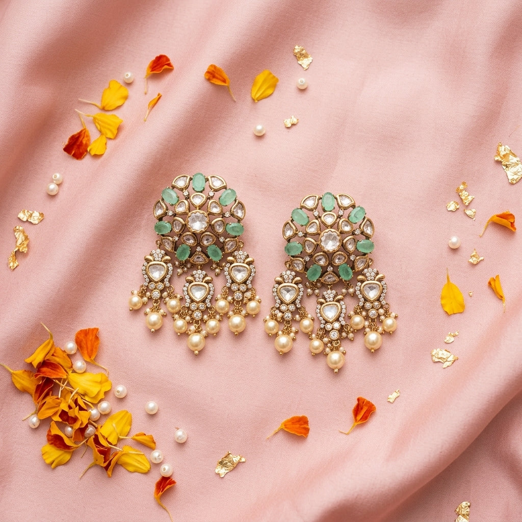 Green Mint Heritage Kundan Earrings - Tabletop