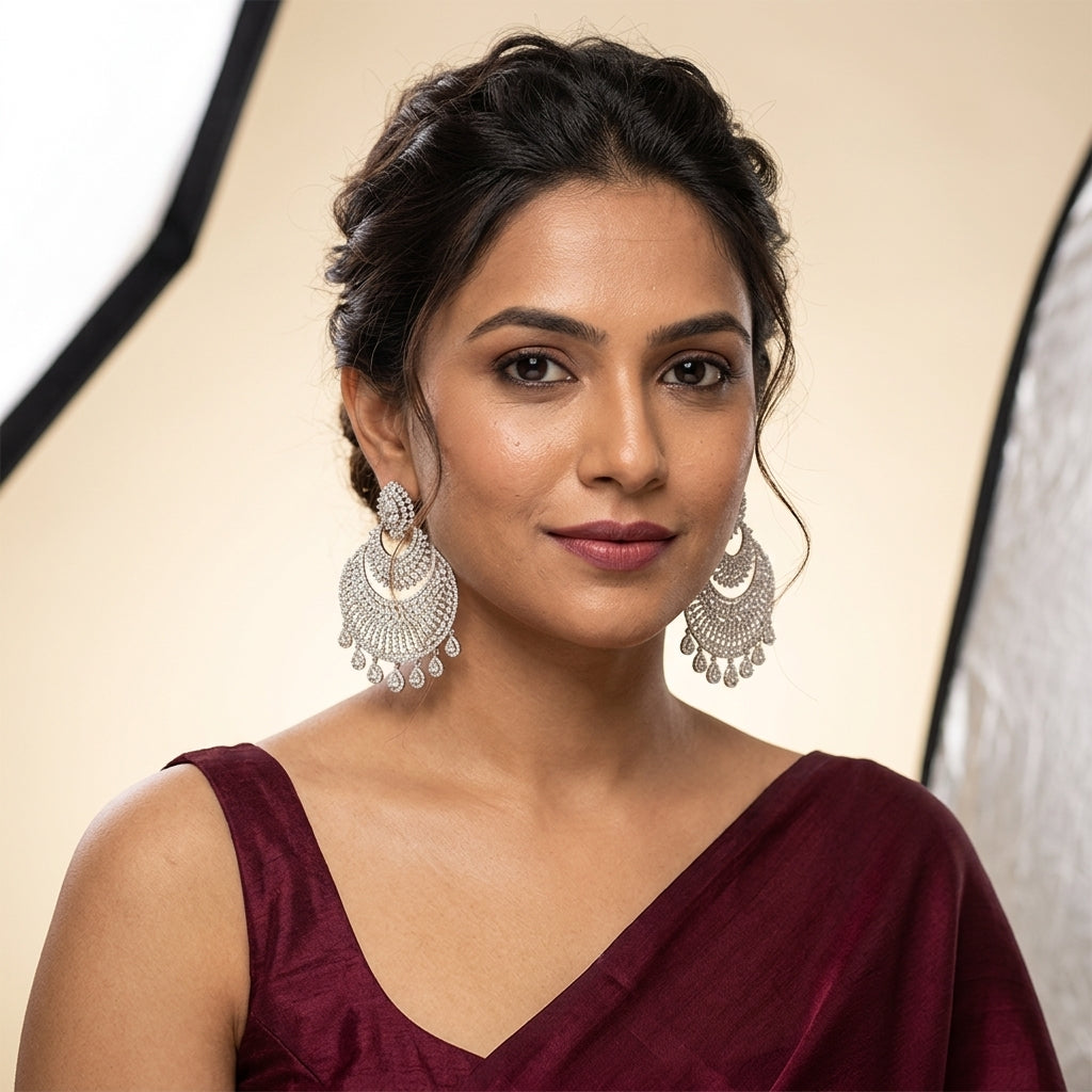 Pearl White Mughal Jali Chandbali Earrings - Model