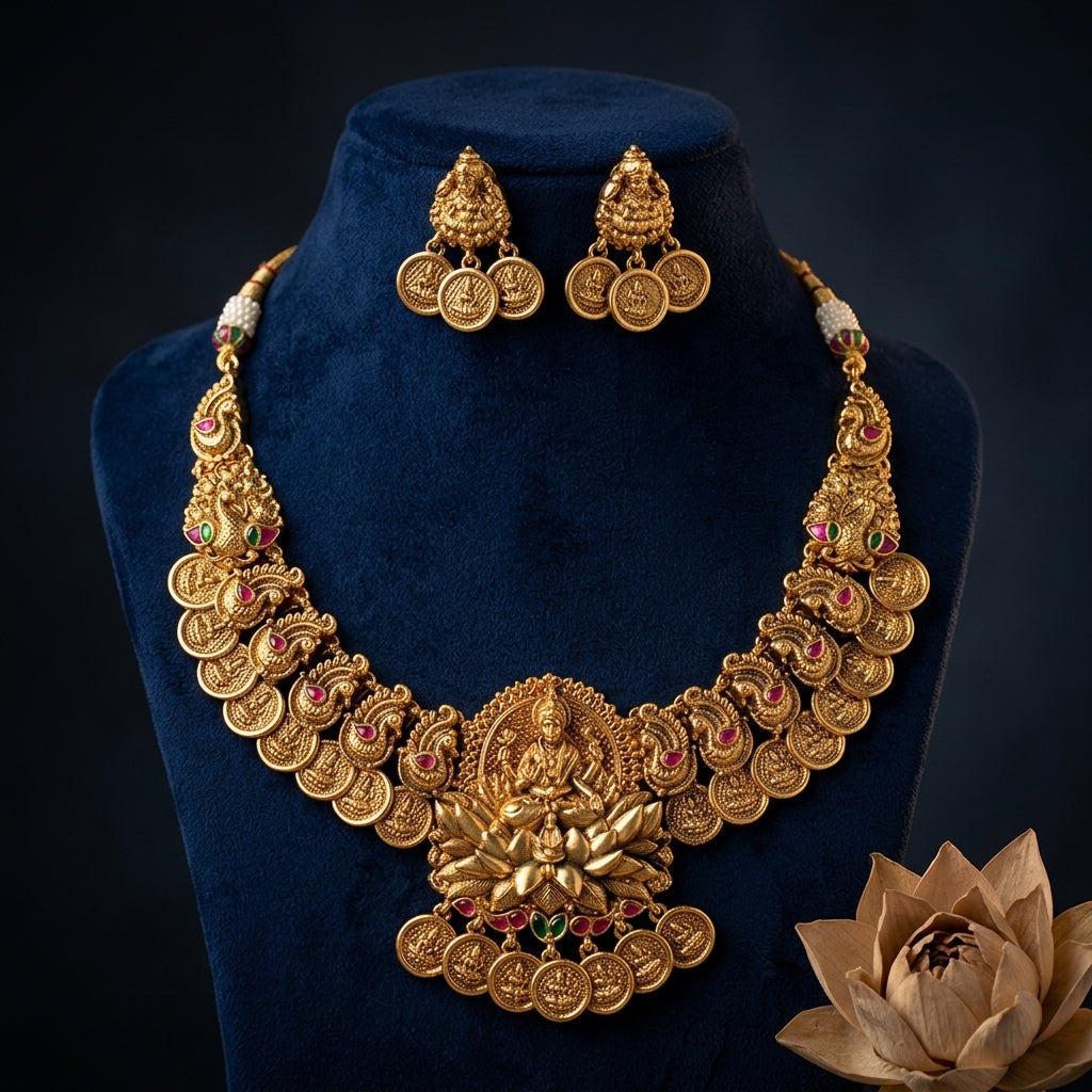 Ruby and Green Temple Lakshmi Peacock Necklace Set - Mannequin