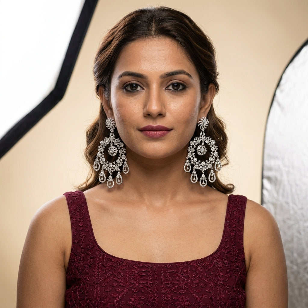 White Intricate Floral Chandbali Earrings - Model