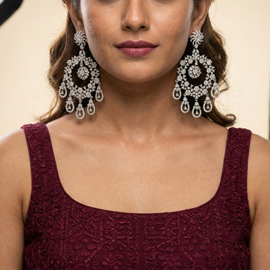 White Intricate Floral Chandbali Earrings - Model