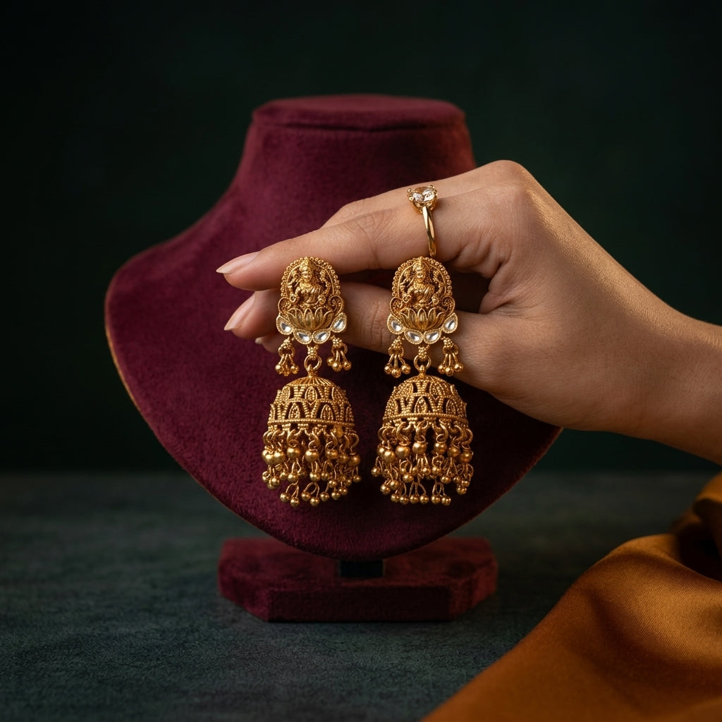 White Temple Lakshmi Lotus Jhumka Earrings - Mannequin