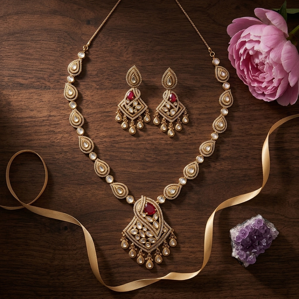 Red and White Ornate Teardrop Necklace Set - Tabletop