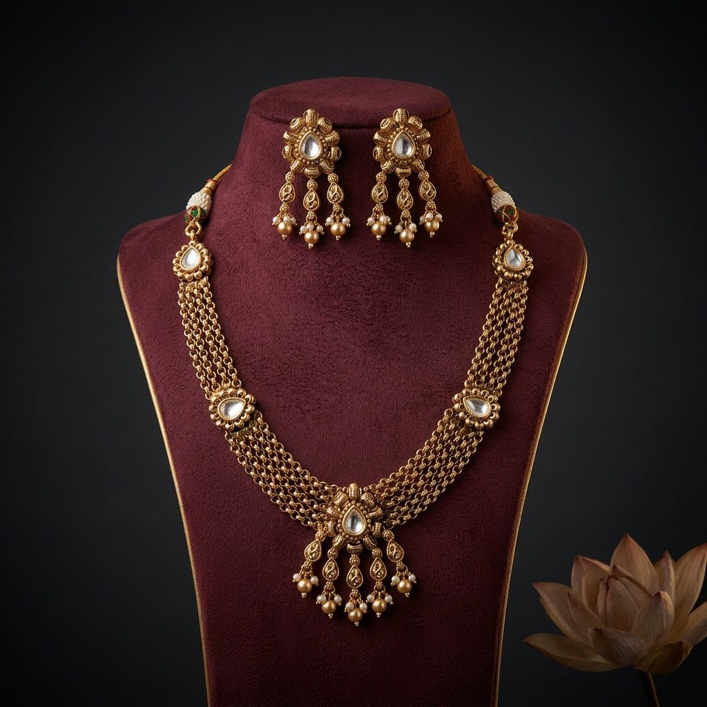 White and Pearl Floral Cluster Multi-chain Necklace Set - Mannequin