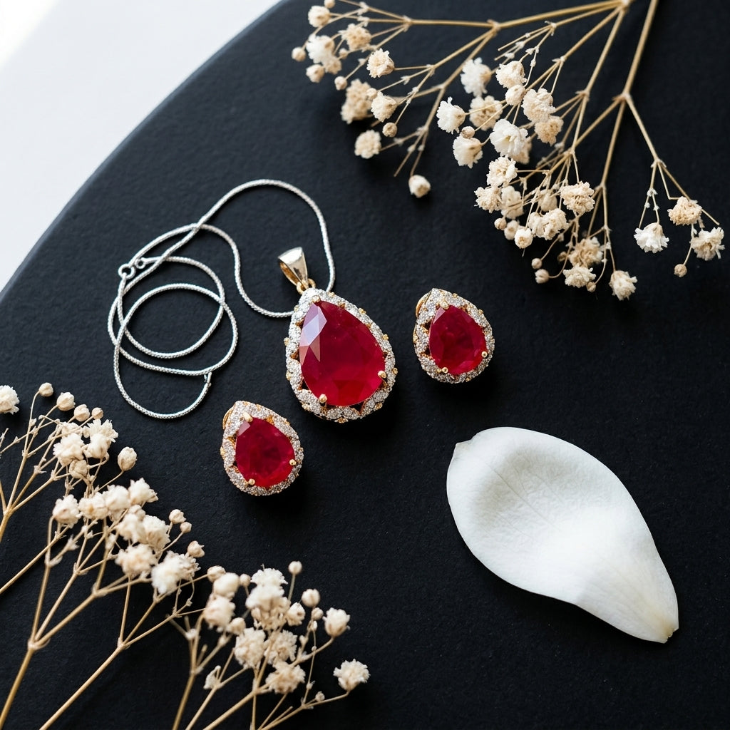 Red Faceted Teardrop Cluster Pendant Set - Tabletop