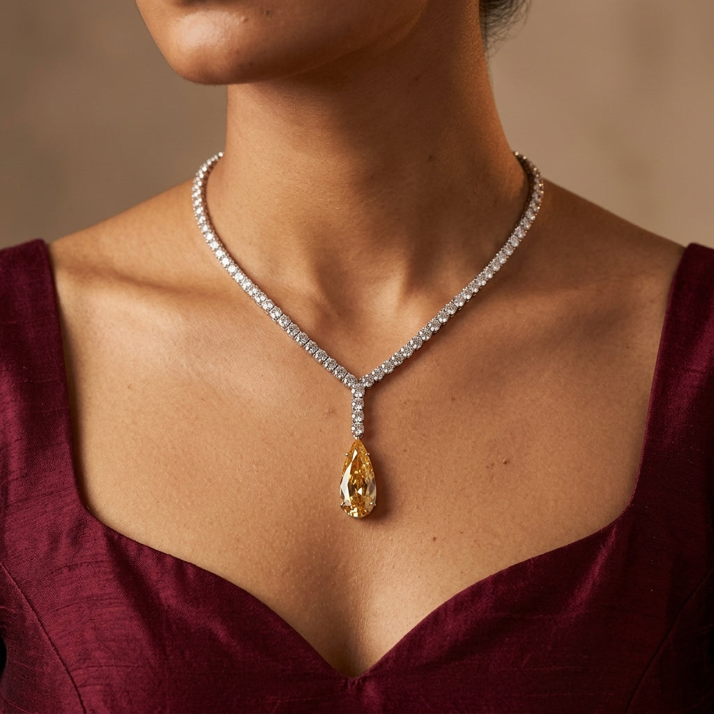 Yellow Teardrop Necklace Set - Model
