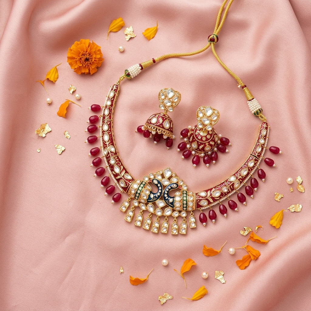 Gold Kundan Necklace Set - Tabletop