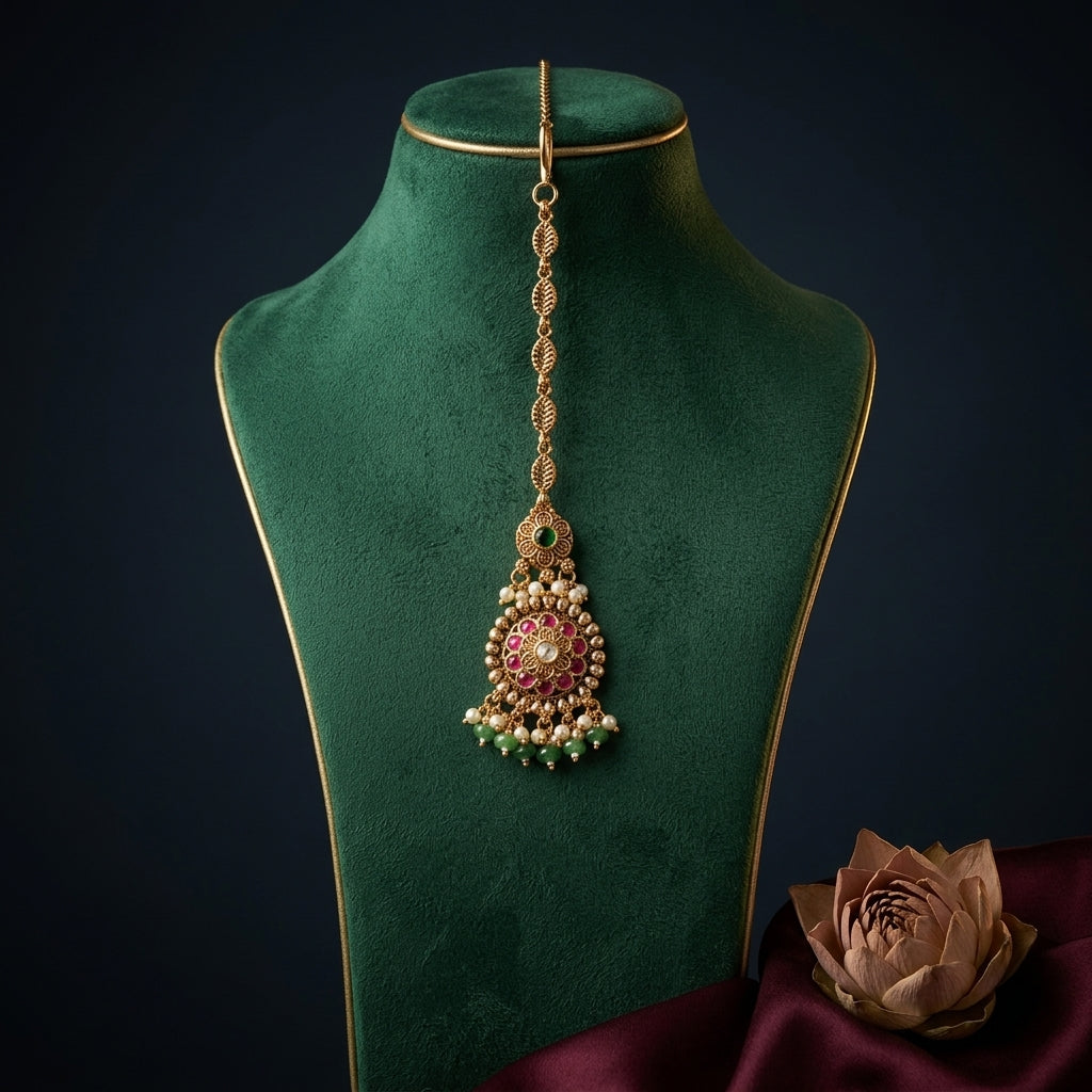 Ruby Green Floral Medallion Maang Tikka - Mannequin