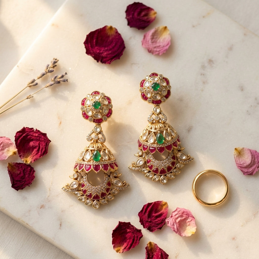 Ruby Green Floral Jhumka Earrings - Tabletop
