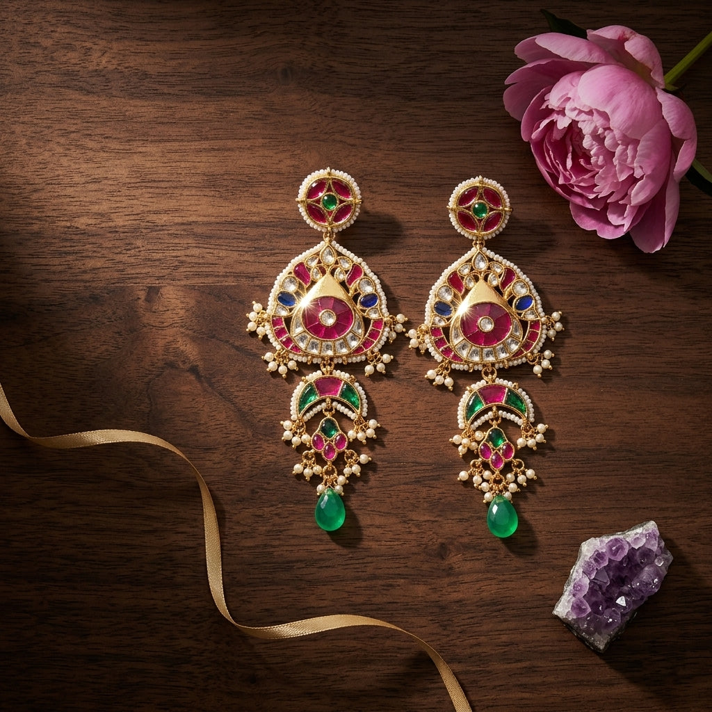 Multi Tiered Kundan Drop Earrings - Tabletop