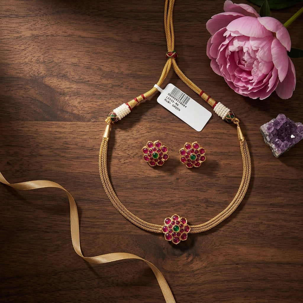 Red and Green Floral Necklace Set - Tabletop