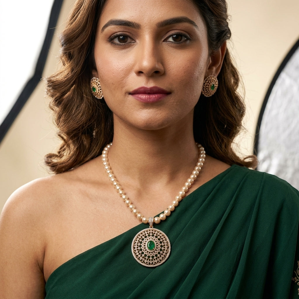 Pearl with Green stone Floral Necklace Set - Model