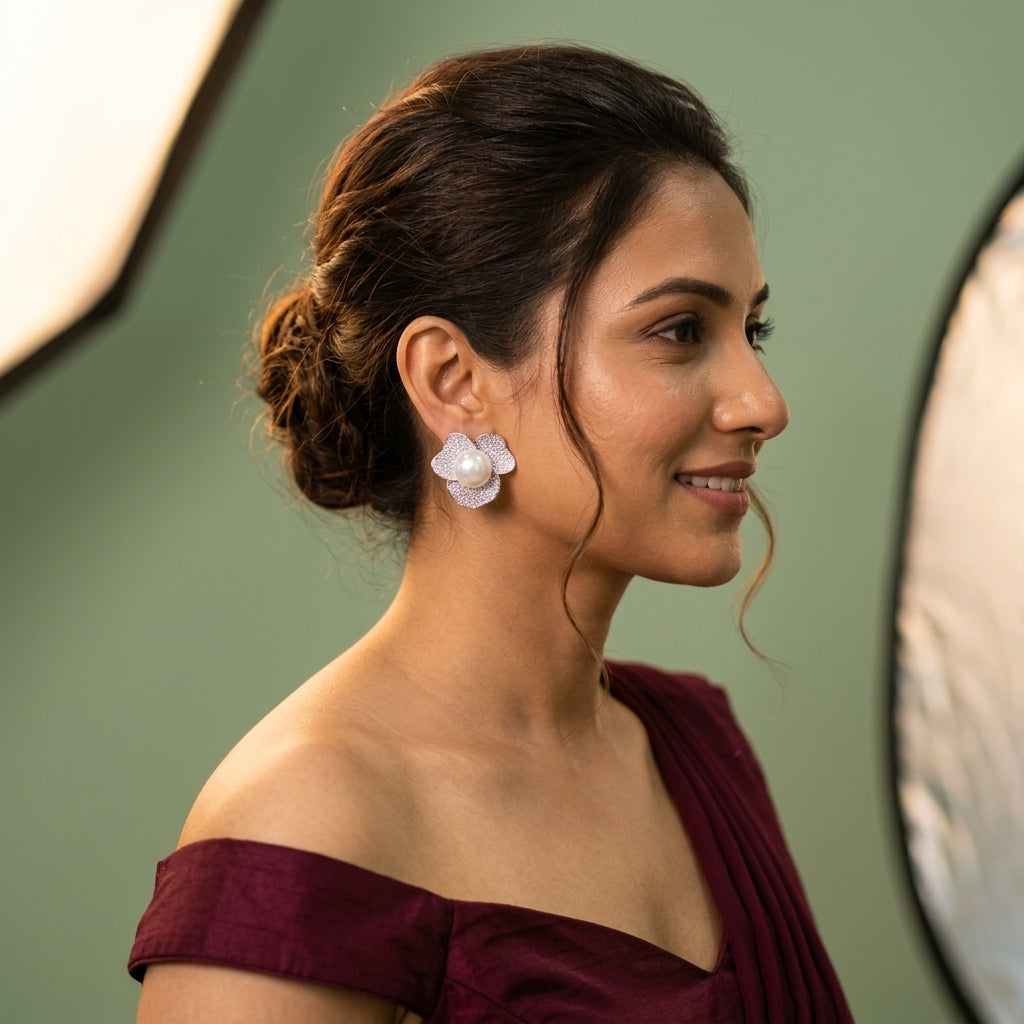 White Floral Earrings - Model