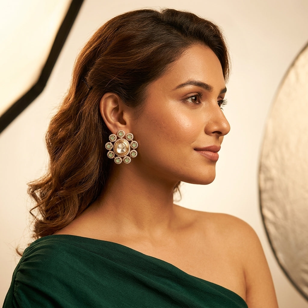 Mint and Clear Floral Cluster Earrings - Model