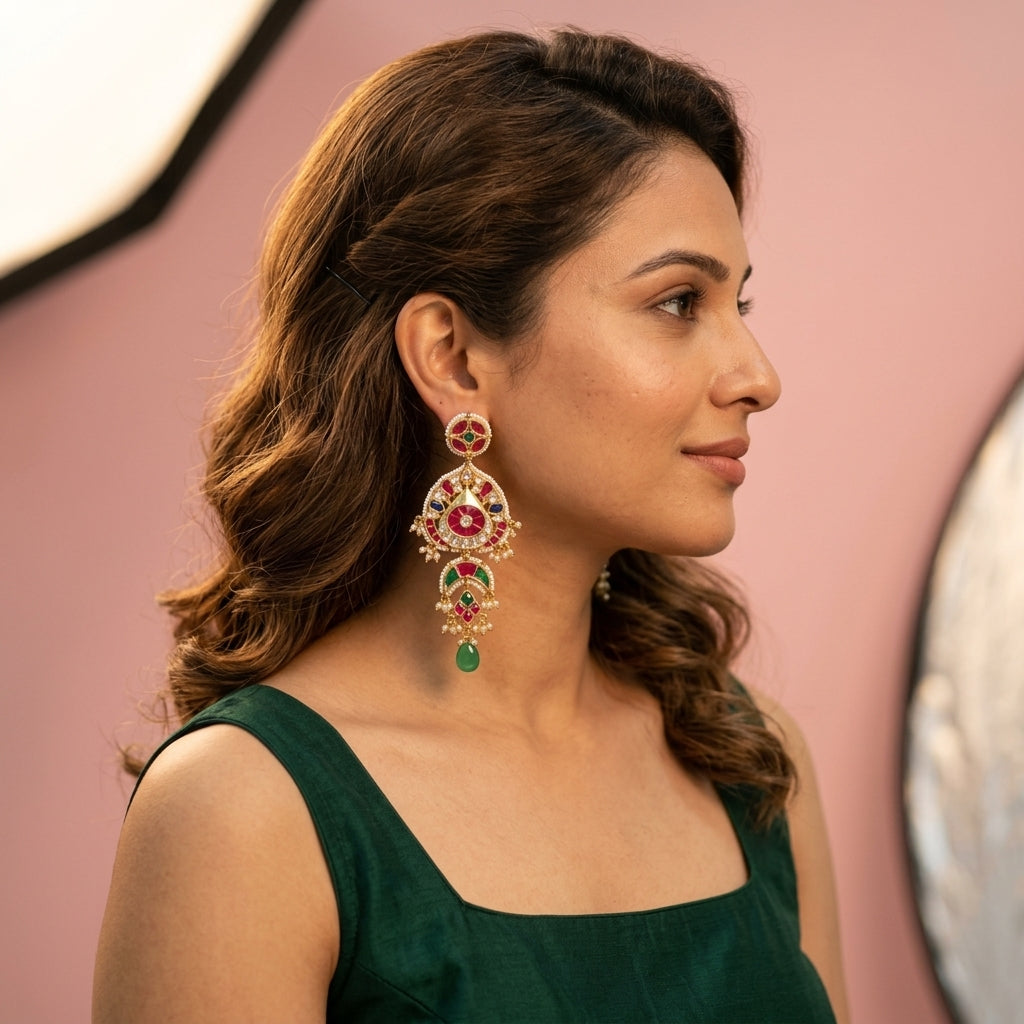 Multi Tiered Kundan Drop Earrings - Model