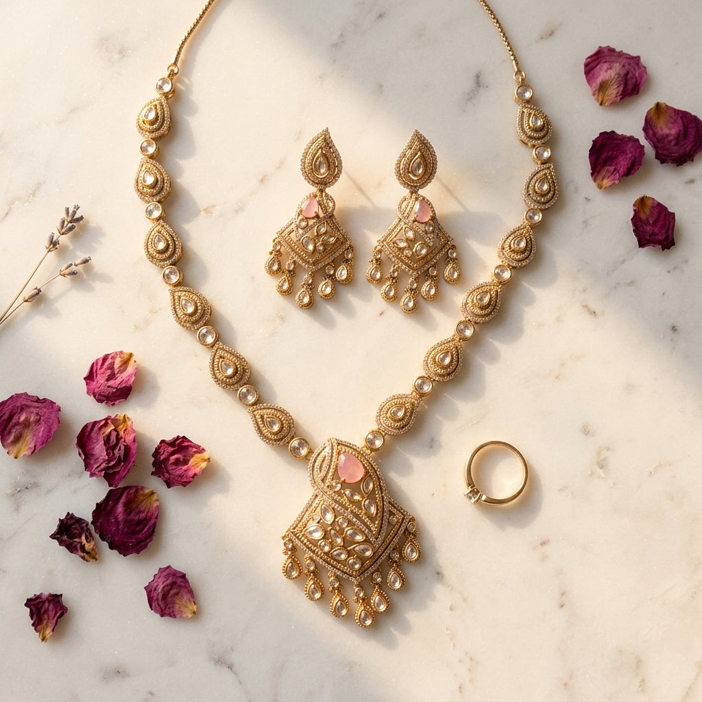 Pink and White Ornate Teardrop Cluster Necklace Set - Tabletop