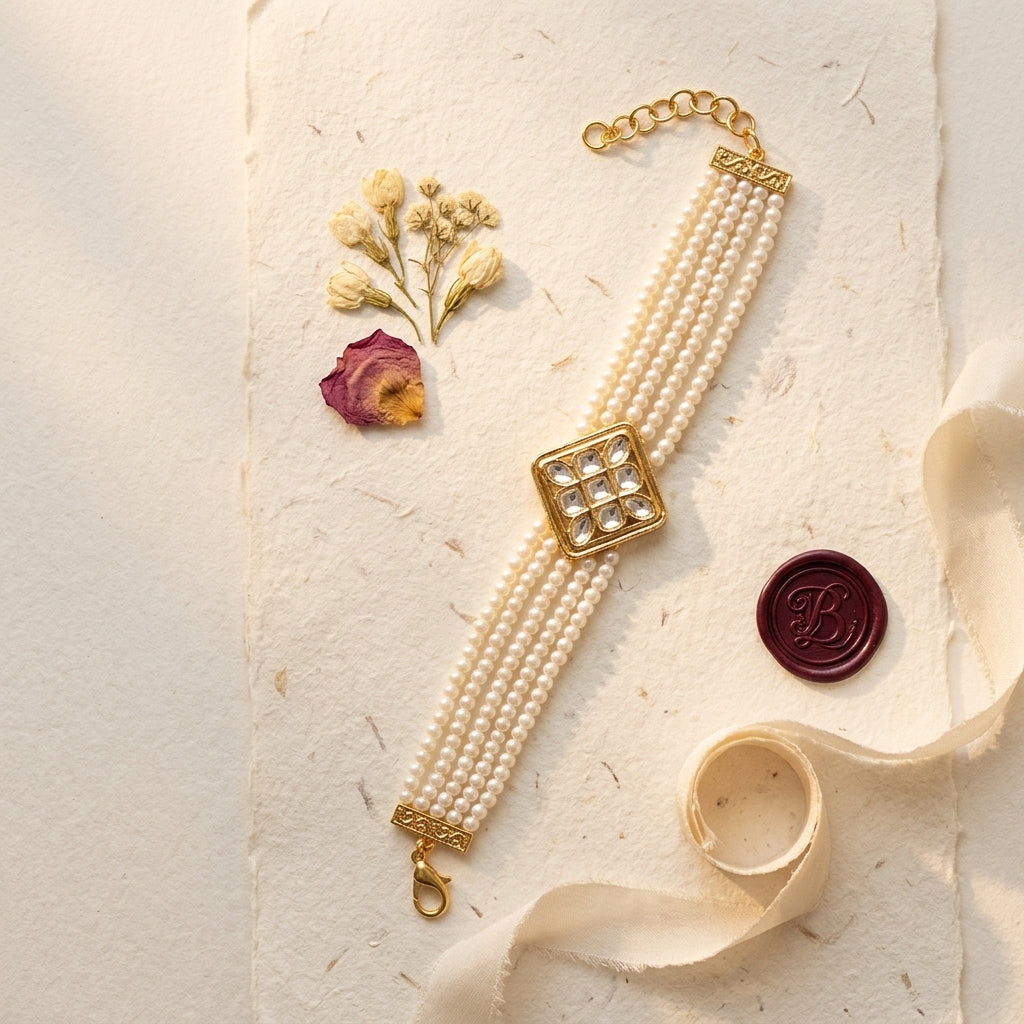 White Geometric Kundan Cluster Bracelet - Tabletop