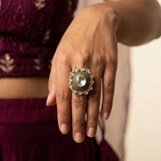 Green and Clear Polki Cluster Ring - Model