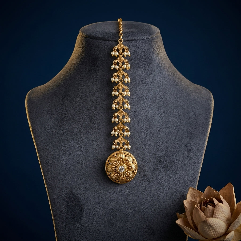 White and Clear Geometric Pearl Floral Maang Tikka - Mannequin
