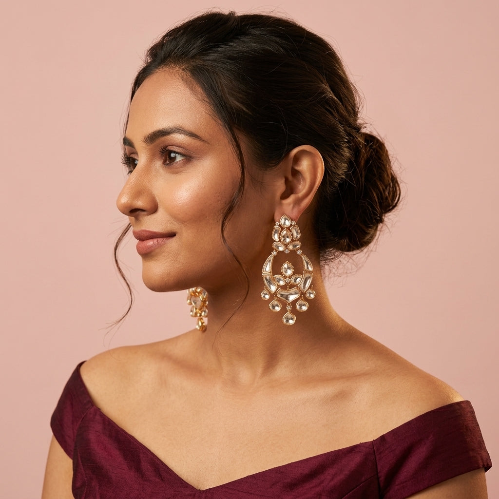 Clear Polki Cluster Drop Earrings - Model