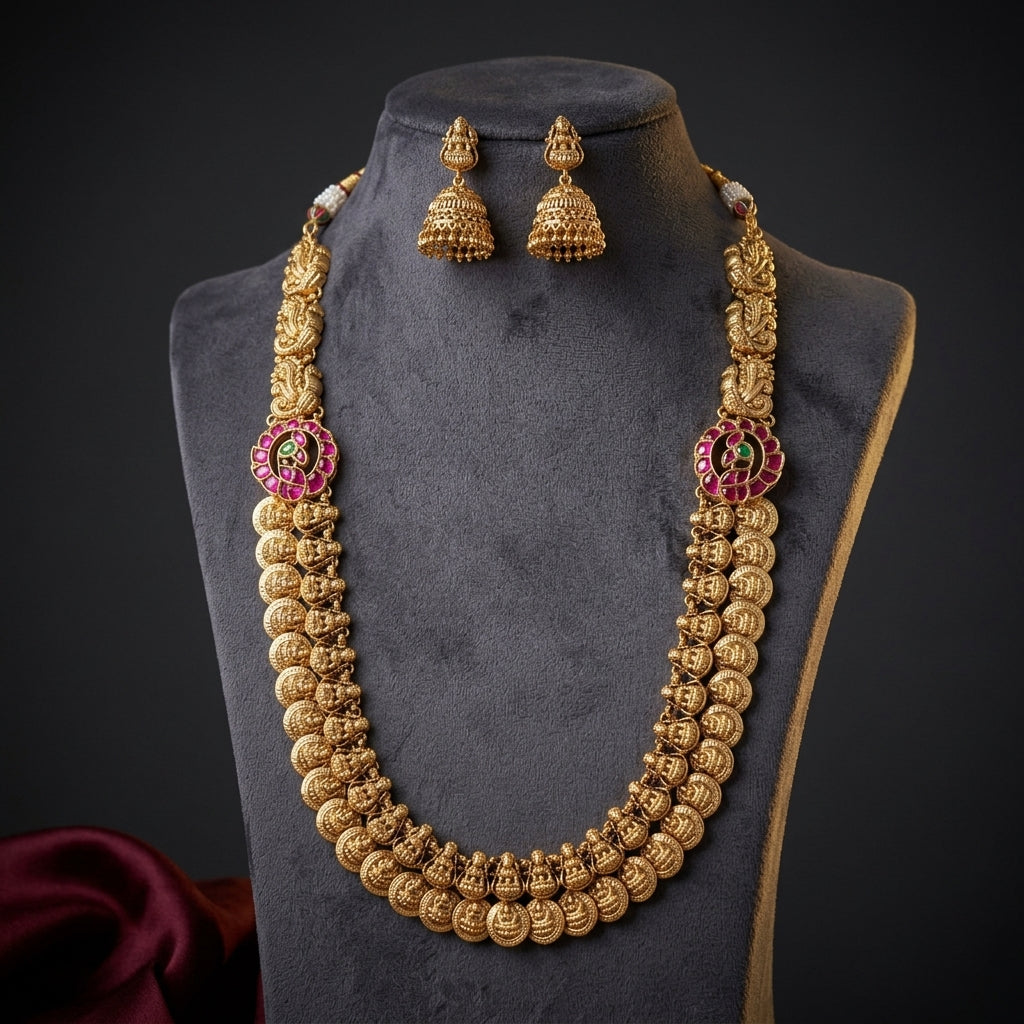 Ruby and Green Lakshmi Coin Temple Necklace Set - Mannequin