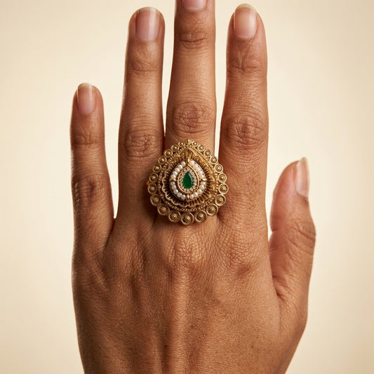 Green and White Teardrop Filigree Ring - Model