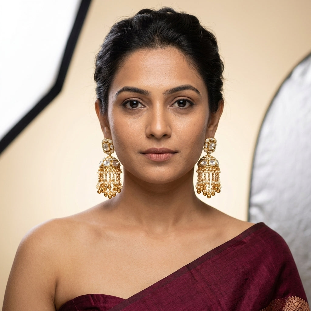 Pearl White Heritage Kundan Jhumka Pair - Model