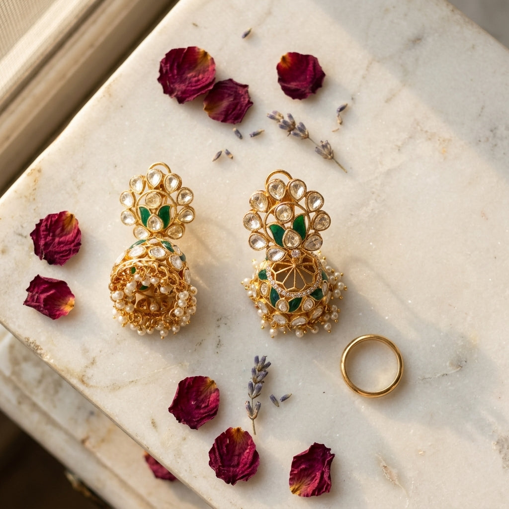 Green Heritage Kundan Jhumka - Tabletop