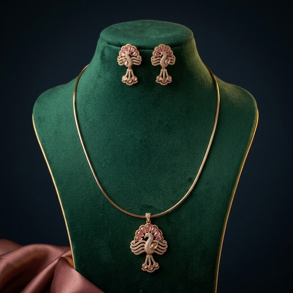 Pink Stylized Peacock Necklace Set - Mannequin