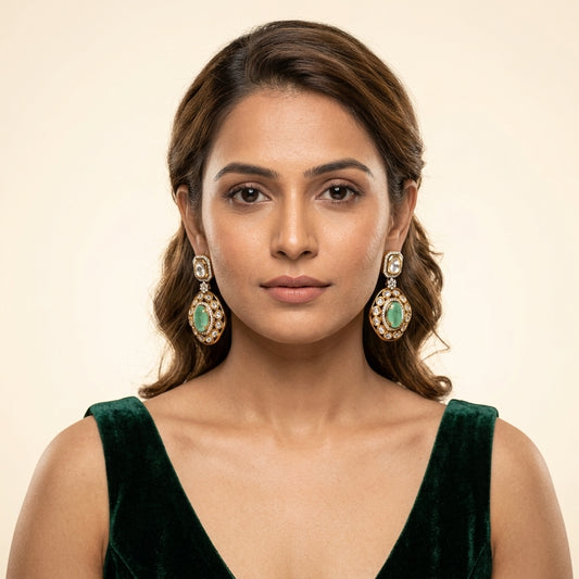 Gold Mint Kundan Earrings - Model