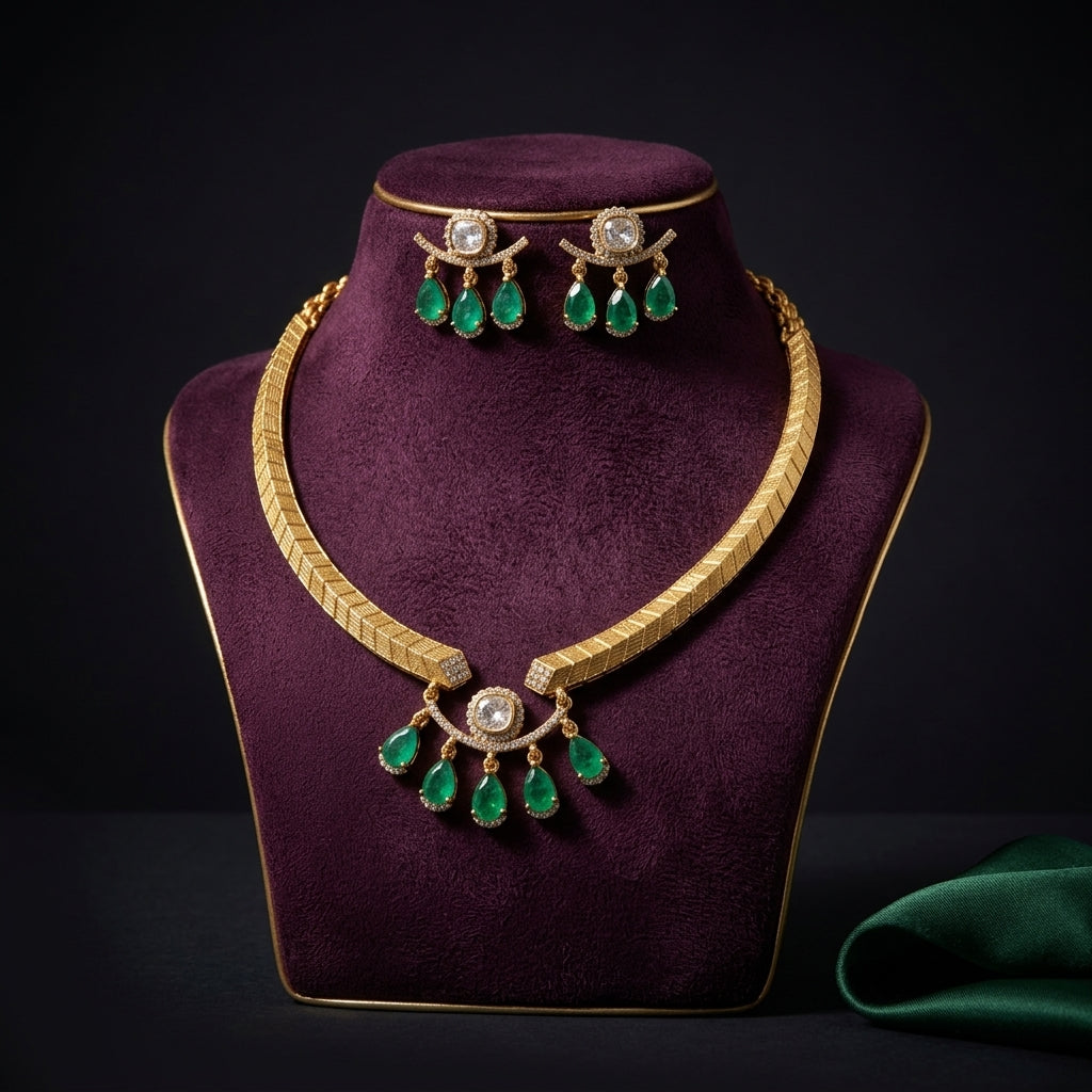 Green and Clear Textured Drop Necklace Set - Mannequin