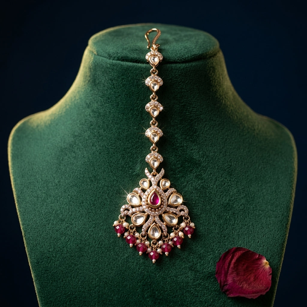 Ruby and White Floral Cluster Maang Tikka - Mannequin