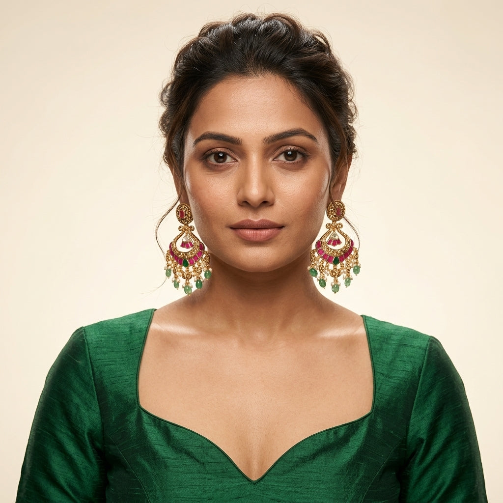 Ruby Green Ornate Drop Earrings - Model