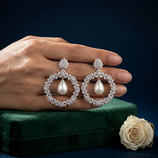 White Floral Hoop Pearl Drop Earrings - Mannequin