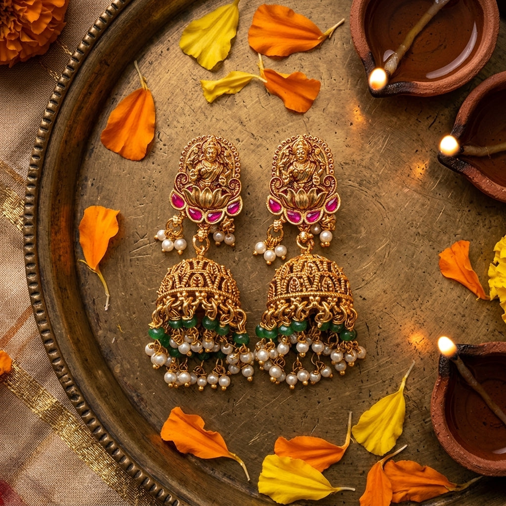 Multi Temple Lotus Jhumka Pair - Tabletop