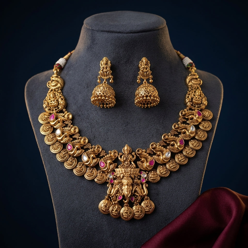 Ruby and White Temple Peacock Necklace Set - Mannequin