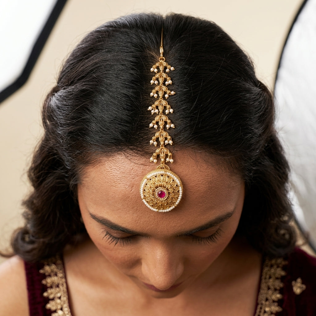 Ruby and Pearl Floral Leaf Maang Tikka - Model