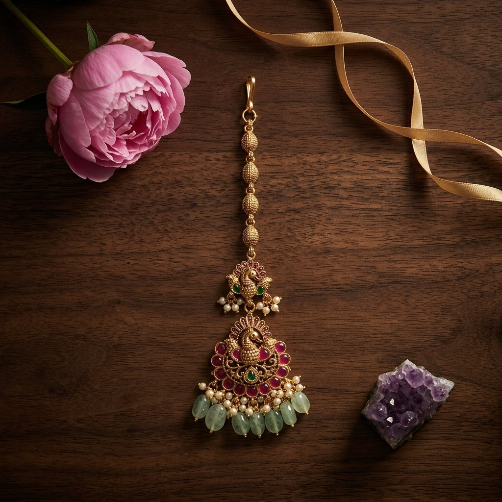 Multi Peacock Floral Maang Tikka - Tabletop